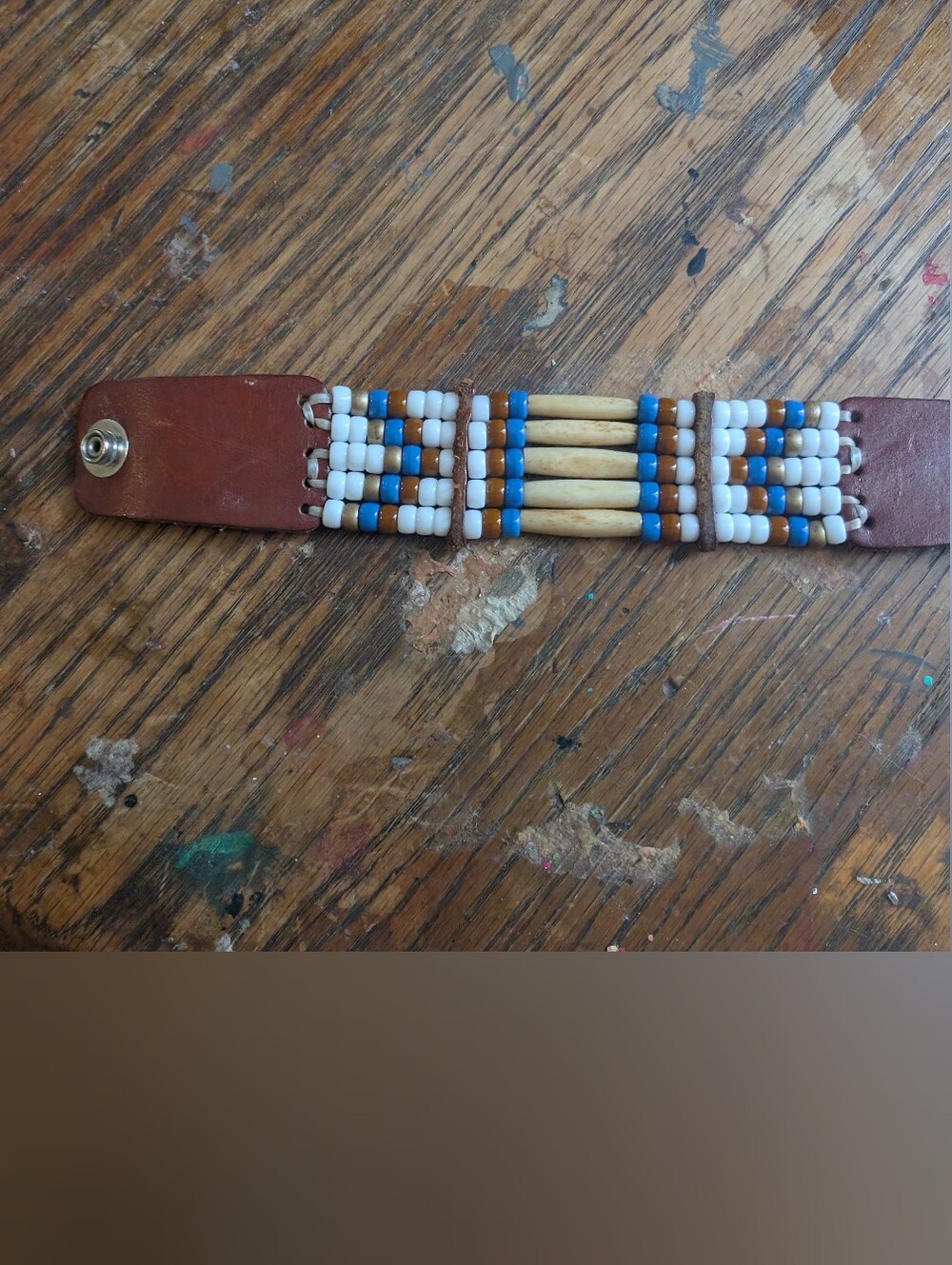 Beaded Leather Bracelet with Blue, White & Tan Accents